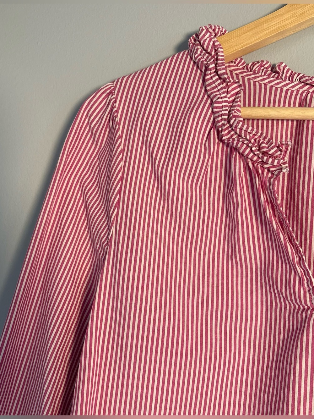 J.Crew Raspberry red and white Striped Ruffle Neck Blouse-size Medium - Picture 4 of 10
